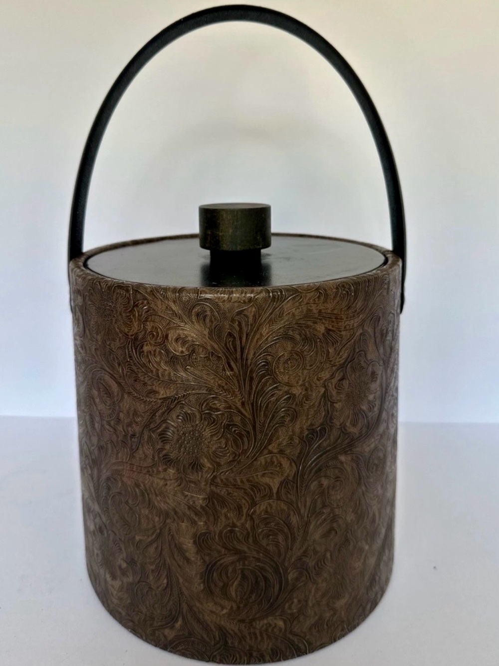 Vintage Irvinware Ice Bucket Brown Tooled Vegan Leather with Lid  Made USA